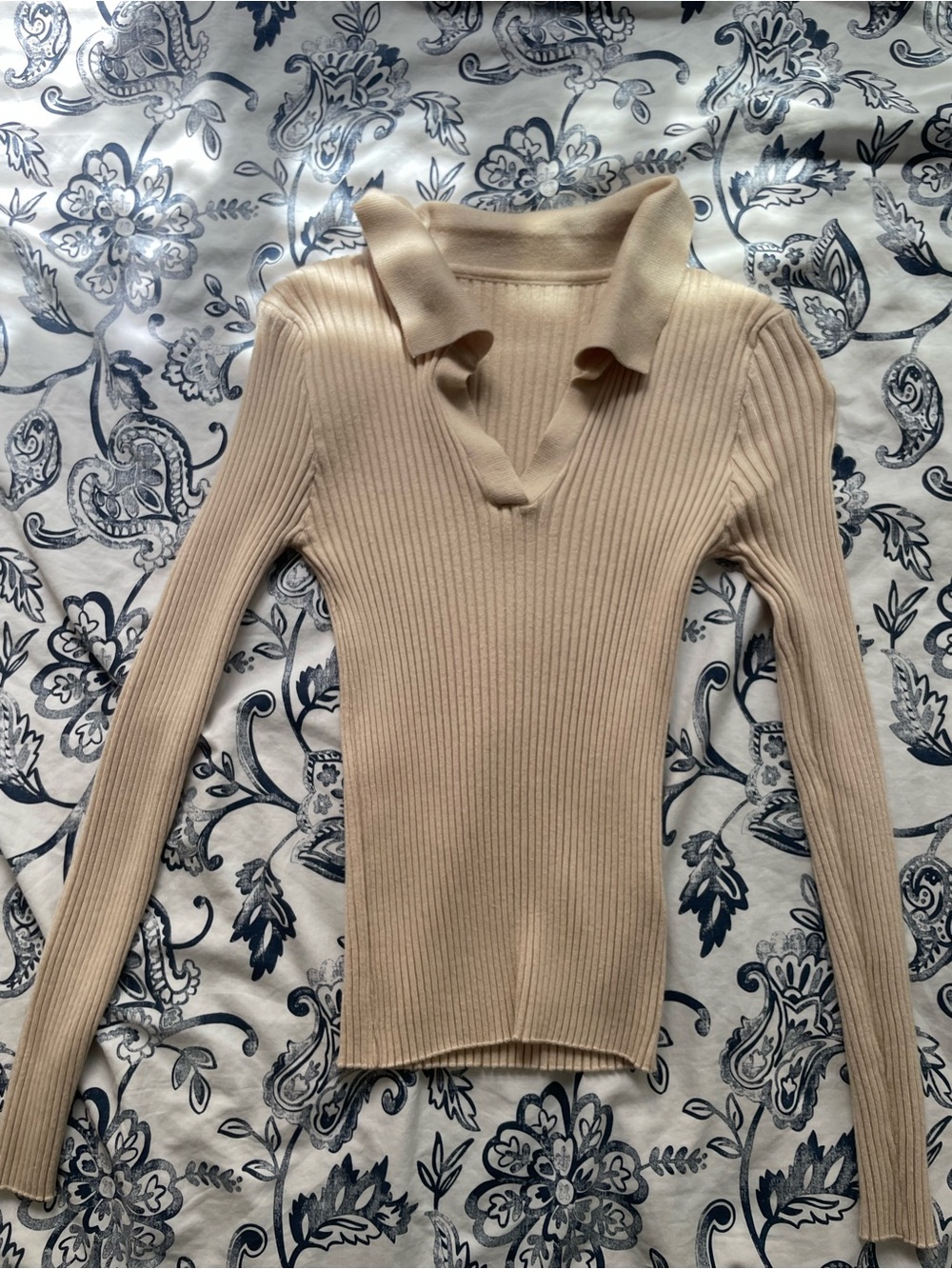 Cream Ribbed Collared Top - Picture 2 of 4